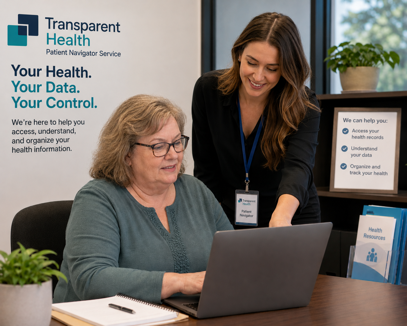 A patient navigator helping an older woman use a laptop to access and organize health information.